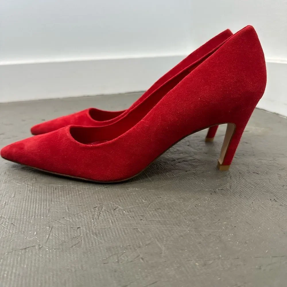 Good American Red Suede Leather The Icon Pointed Toe Pump Stiletto Heel Size 8